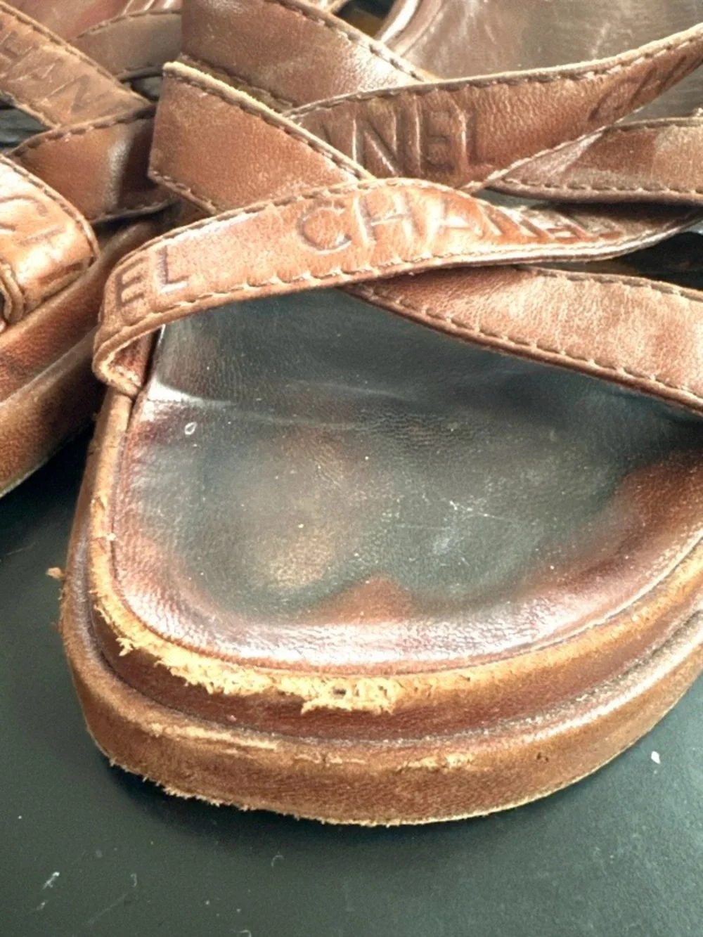 VINTAGE 1990s CHANEL DEBOSSED LOGO PLATFORM SANDALS CROSSOVER STRAPS BROWN 38